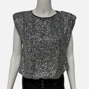 *Express Silver Sequin Cap-Sleeve Party Top, Glam Disco Sparkle, Size L